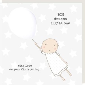 Christening card. Baby floating with a white balloon. Caption: BIG dreams little one. With love on your Christening.