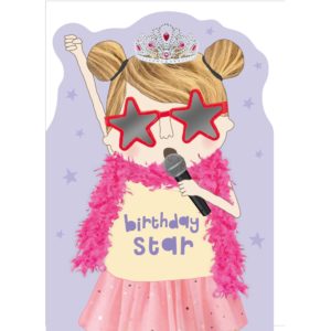Star kids birthday card. Girl wearing a tutu, feather boa, tiara and star sunglasses with the caption 'Birthday Star' on her t-shirt.