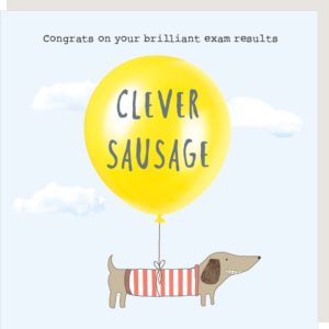 Clever Sausage exam congratulations card. Caption: 'Congrats on your brilliant exam results.'