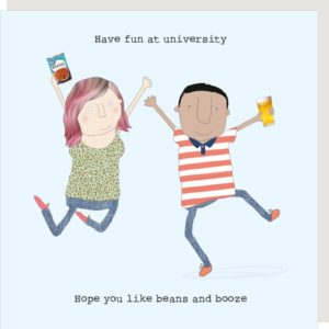 Beans and Booze good luck at university card. Caption: 'Have fun at university. Hope you like beans and booze.'