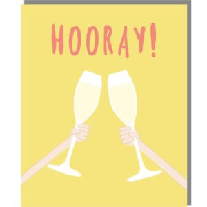 yellow card with an image of 2 glasses of fizz and 'hooray!' in pink.