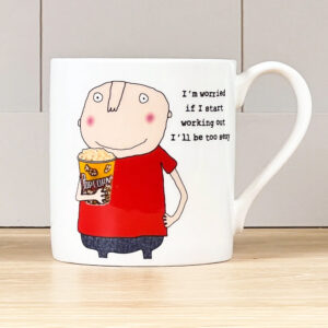 white coffee mug with an image of a bald man holding a big tub of popcorn, caption reads 'I'm worried if I start working out I'll be too sexy'.